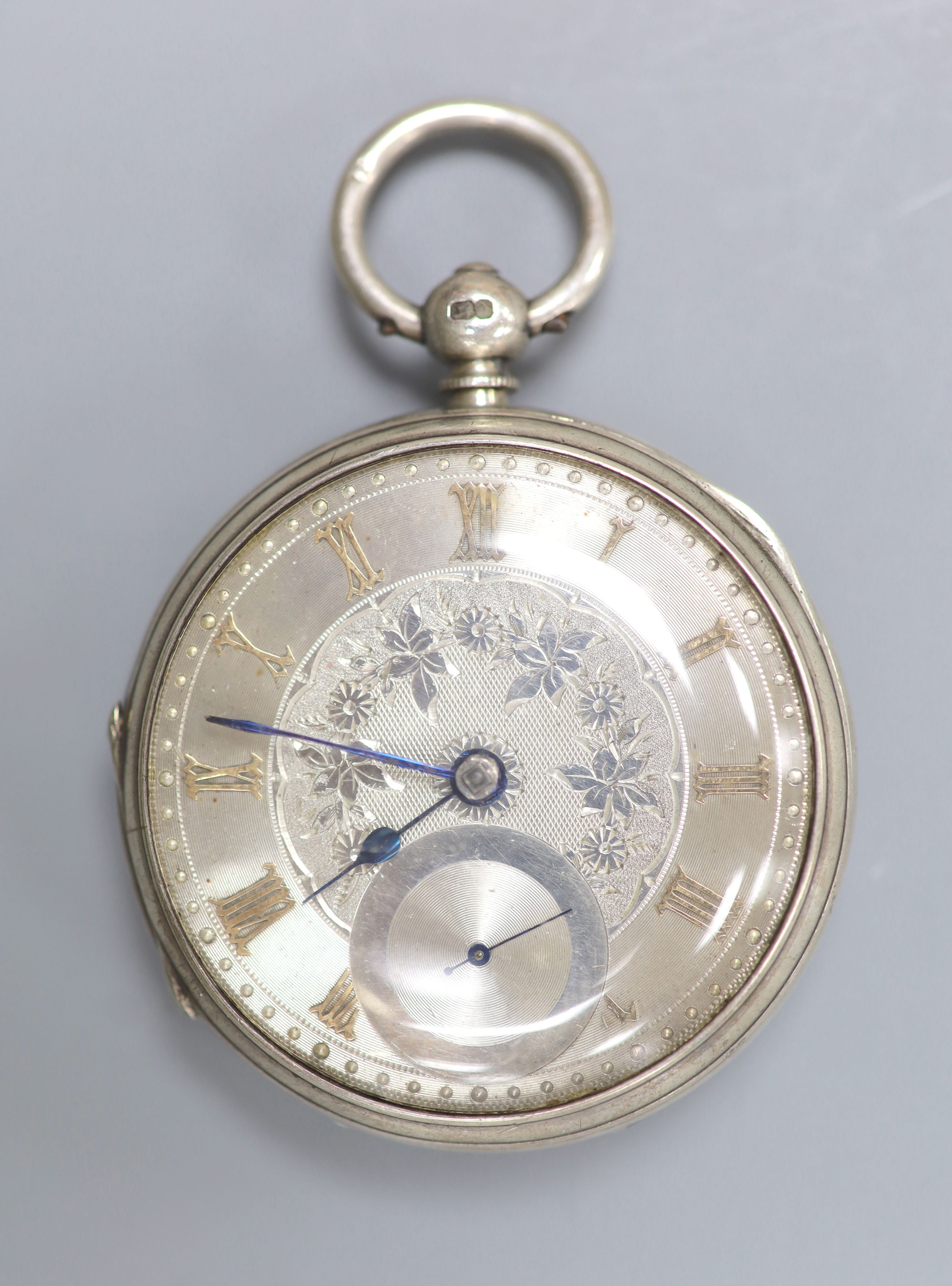 A late Victorian engine turned silver open face keywind pocket watch, by William Vogt, Glasgow